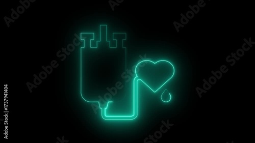 Neon glowing Medical report with heart rate monitor hand health symbol cyan color black background animation.