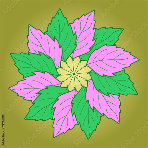 A radiant mandala of pink and green leaves spirals outward from a golden center, symbolizing growth, renewal, unity, and vibrant natural balance.