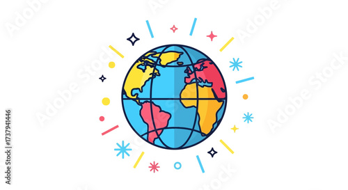 Whimsical world illustration with celebratory elements and bright colors globe depiction