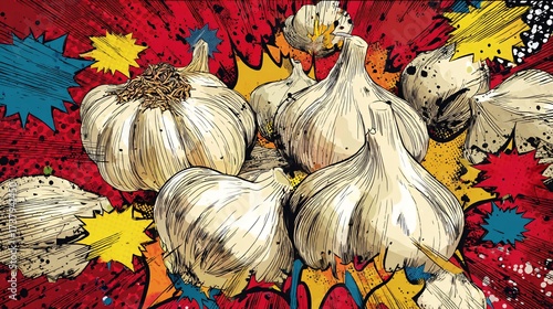 Pop art garlic bulbs with comic book explosion style