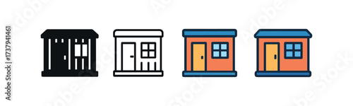 Vector icon site office container same pose same proportions four styles black solid glyph outline minimal flat multicolor filled cartoon flat shaded.