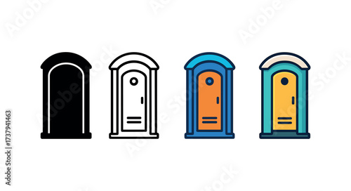 Vector icon portable toilet same pose same proportions four styles black solid glyph outline minimal flat multicolor filled cartoon flat shaded.