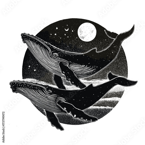 A black and white linocut block print of humpback whales in the night sky with the moon and stars