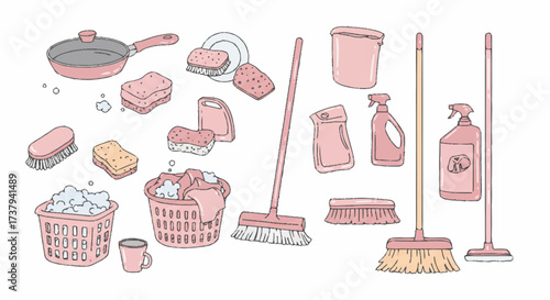 Collection of cleaning supplies and tools for household chores, including mops, brooms, sponges, and detergents