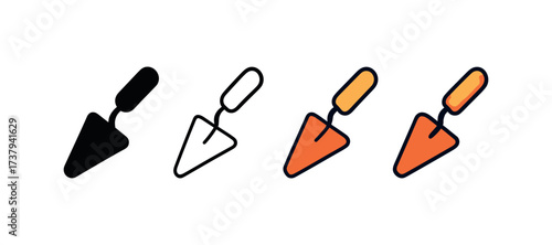 Vector icon pointing trowel same pose same proportions four styles black solid glyph outline minimal flat multicolor filled cartoon flat shaded.
