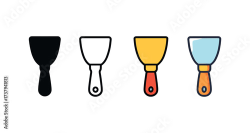 Vector icon caulking spatula same pose same proportions four styles black solid glyph outline minimal flat multicolor filled cartoon flat shaded.
