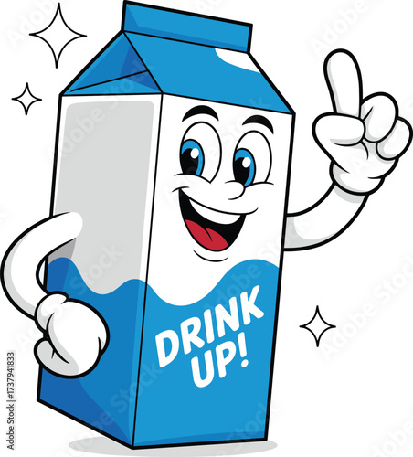 Smiling milk carton character, pointing finger gesture, “DRINK UP!” message, cartoon style beverage mascot, healthy dairy promotion, flat vector illustration
