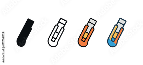 Vector icon insulation knife same pose same proportions four styles black solid glyph outline minimal flat multicolor filled cartoon flat shaded.