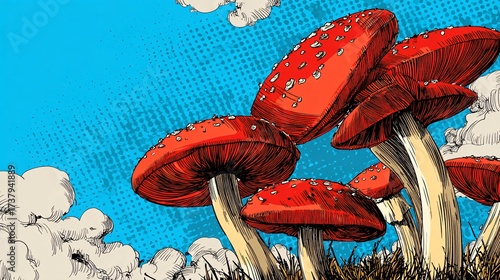 Pop art mushrooms in bold comic book style illustration