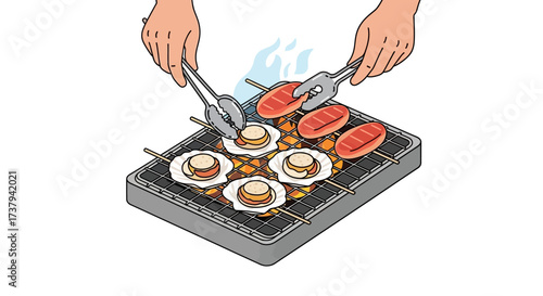 Isometric illustration of a weekend barbecue with hands grilling fresh scallops and sausages on a portable charcoal grill