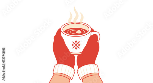 Cozy winter scene with hands in red mittens holding a steaming mug of hot chocolate with a snowflake design