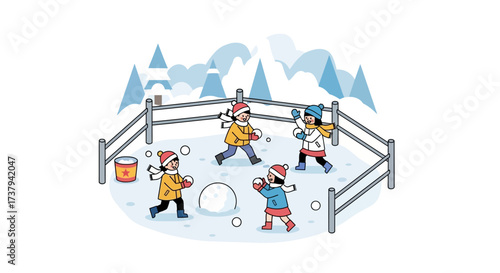 Kids Enjoying a Winter Snowball Fight Surrounded by Fences and Snowy Trees