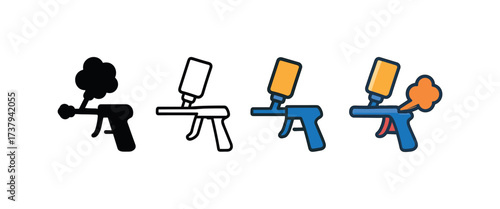 Vector icon foam gun same pose same proportions four styles black solid glyph outline minimal flat multicolor filled cartoon flat shaded.
