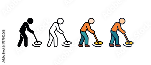 Vector icon metal detector same pose same proportions four styles black solid glyph outline minimal flat multicolor filled cartoon flat shaded.