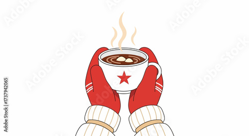 Cozy winter scene of hands in red mittens holding a steaming mug of hot chocolate topped with marshmallows