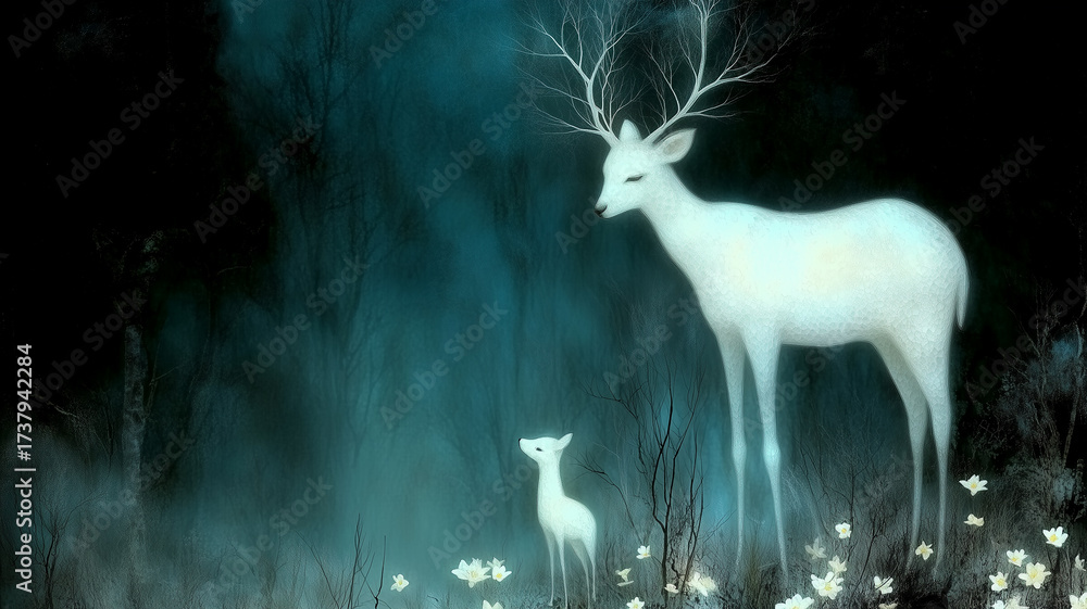 Fototapeta premium Mystical white deer with antlers like tree branches and a fawn in an enchanted forest, fantasy wildlife art background.