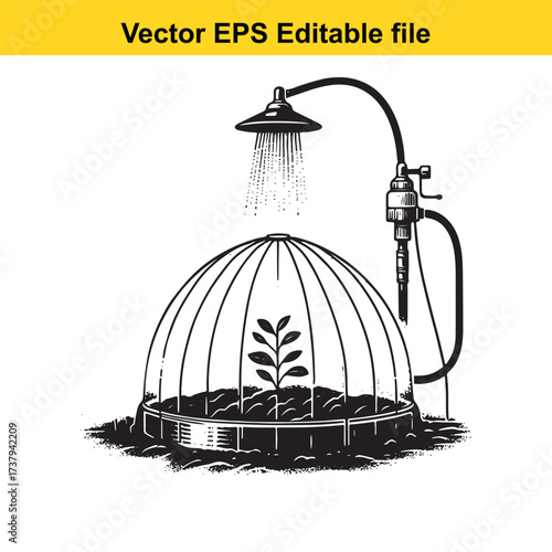 Vector art of greenhouse dome with plant and sprinkler system