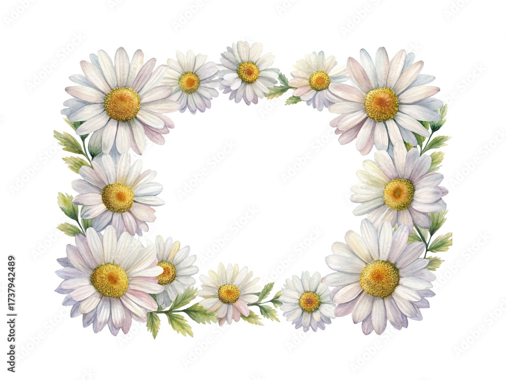 Fototapeta premium Watercolor Daisy Flower Frame with Green Leaves and Copy Space for Text