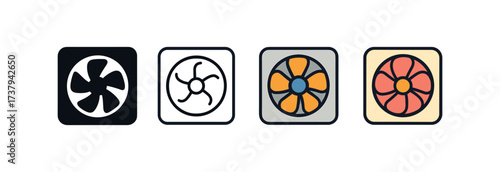 Vector icon barn ventilation fan same pose same proportions four styles black solid glyph outline minimal flat multicolor filled cartoon flat shaded.