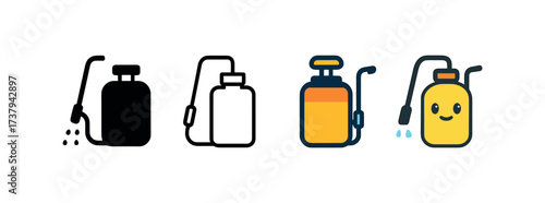 Vector icon field sprayer same pose same proportions four styles black solid glyph outline minimal flat multicolor filled cartoon flat shaded.