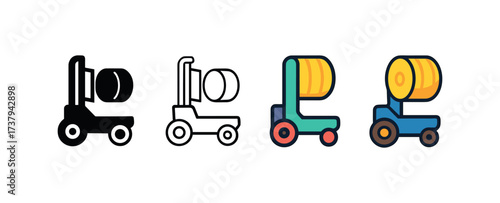 Vector icon bale wrapper same pose same proportions four styles black solid glyph outline minimal flat multicolor filled cartoon flat shaded.