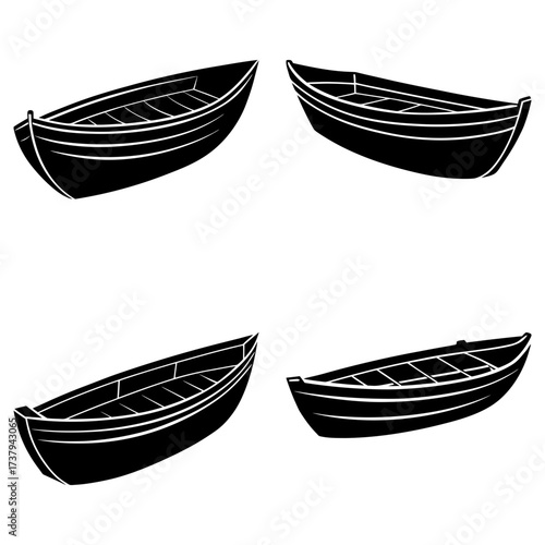 Four black and white illustrations of rowboats arranged in a square pattern on a white background