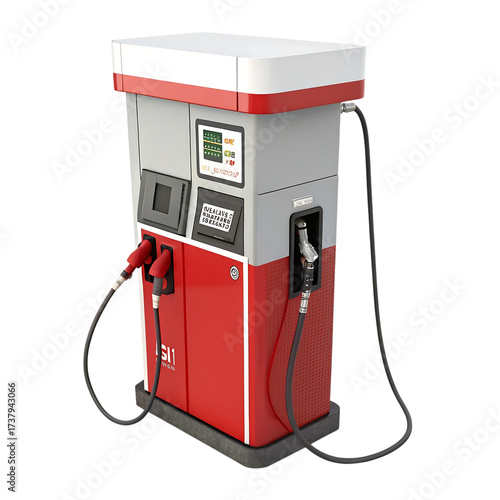 Modern red and gray gas pump with hoses for fueling vehicles