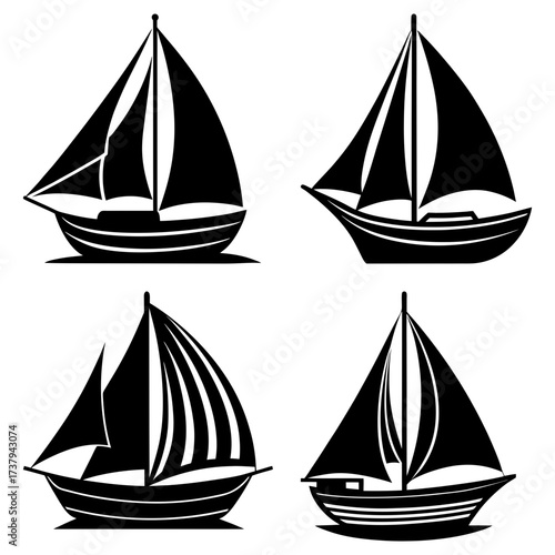 Four black and white silhouette illustrations of sailboats with different sail configurations and hull designs
