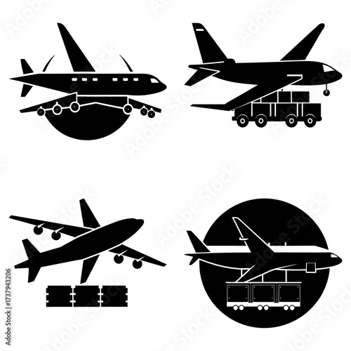 Silhouette images of cargo airplanes loading and unloading containers and cargo on the ground transport