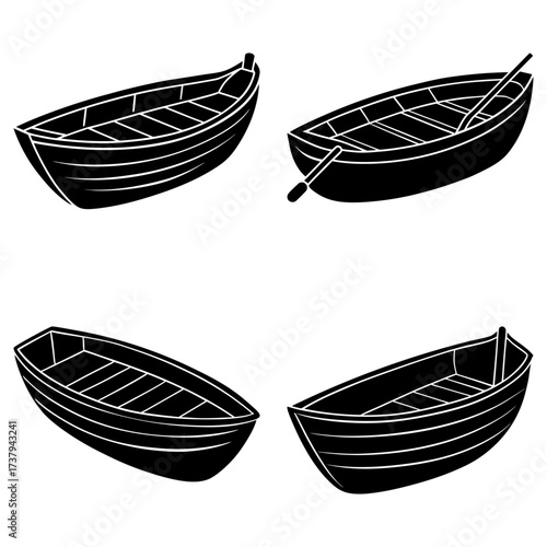 Four black and white rowboats depicted from varying angles showcasing their design and construction details