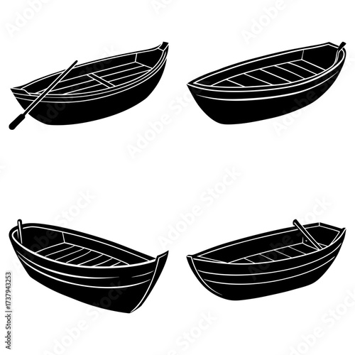 Four monochrome rowboats with oars in varying perspectives against a white background showcasing boat designs