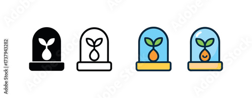 Vector icon seed incubator same pose same proportions four styles black solid glyph outline minimal flat multicolor filled cartoon flat shaded.