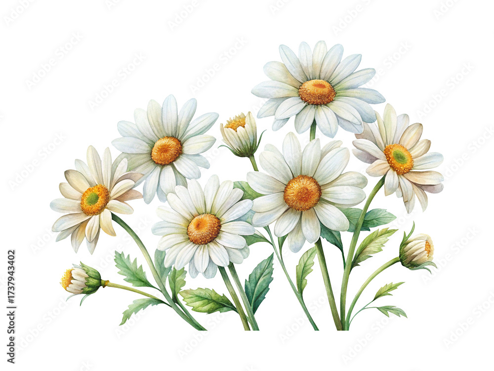 Fototapeta premium Watercolor Painting of White Daisies with Orange Centers and Green Stems