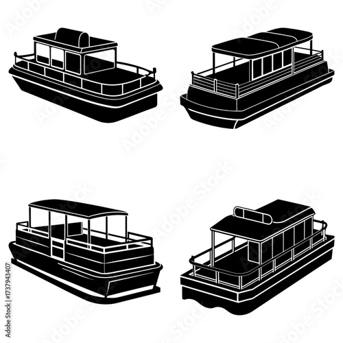 Four pontoon boats with canopies in black and white showcasing recreational watercraft designs and silhouettes