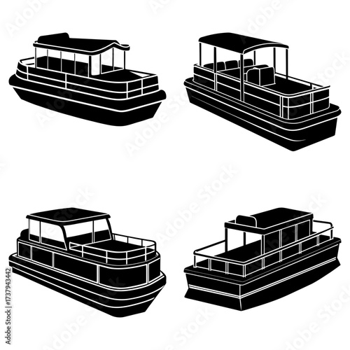Black silhouette illustration of four pontoon boats with different designs and structures shown