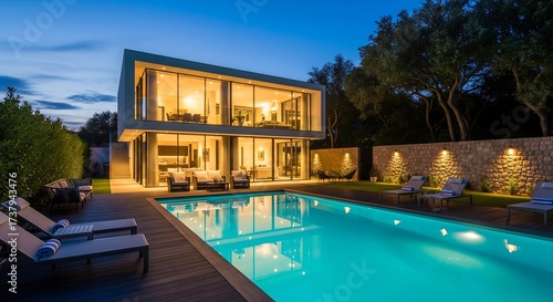 Modern Villa with Pool at Dusk
