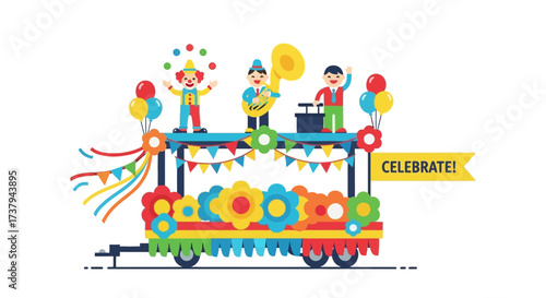 Joyful carnival parade with musicians clowns and colorful decoration in cheerful festive event