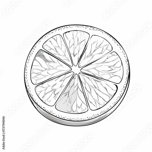Black and white illustration of a sliced citrus fruit, showcasing its internal segments.