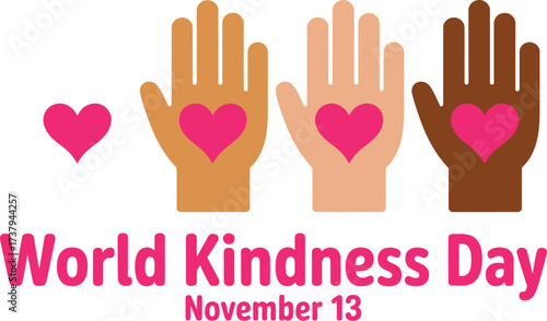 Diverse hands united by hearts, celebrating compassion and global unity on World Kindness Day.