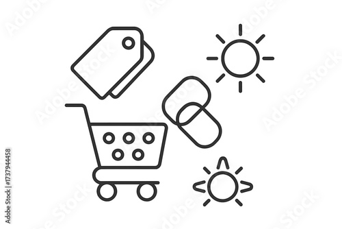 Online shopping and summer sale concept with cart, tags, and sun symbols
