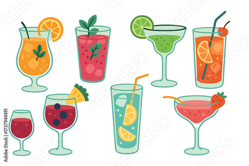 Refreshing summer cocktails and non-alcoholic beverages with fruit garnishes