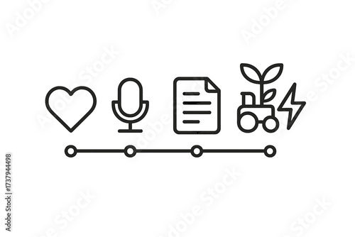Timeline of interconnected modern icons representing digital content and sustainable energy