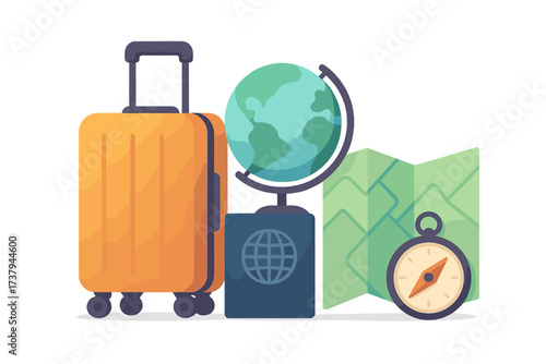 Travel essentials for global adventure planning including luggage, passport, map, and compass