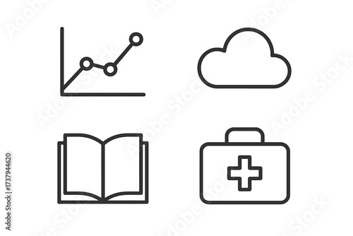 Business data graph, cloud storage, open book, and medical first aid kit