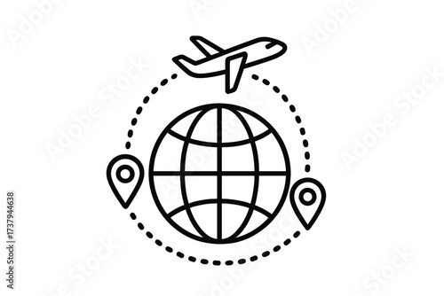 Worldwide air transportation concept with flight path and location markers