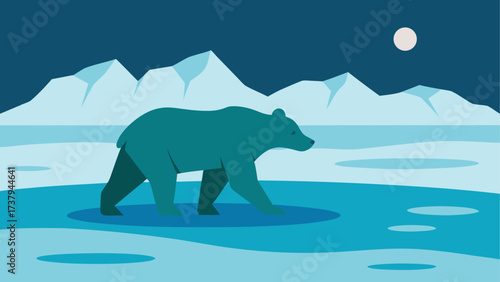 Polar bear walking on ice under moon night