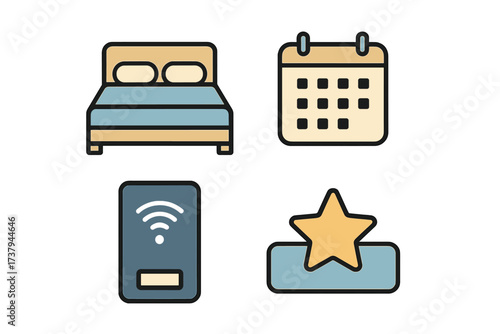 Hotel booking and amenities icons set with bed, calendar, Wi-Fi, and star rating
