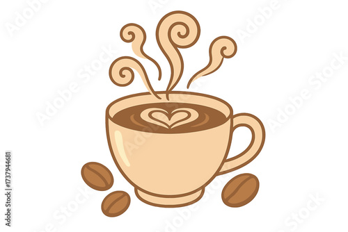 Steaming coffee cup with heart latte art and scattered coffee beans on white background