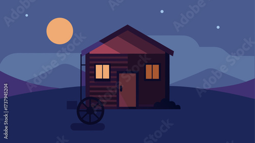 Cabin under moonlight in mountain landscape