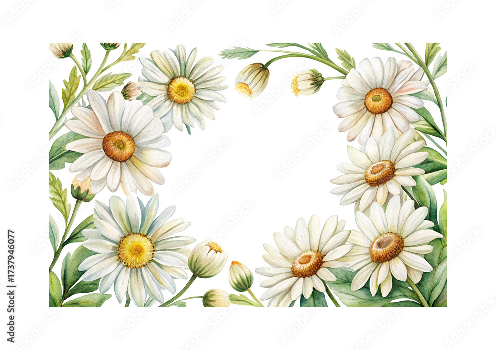 Fototapeta premium Watercolor Daisy Frame with Green Leaves and White Background for Invitations